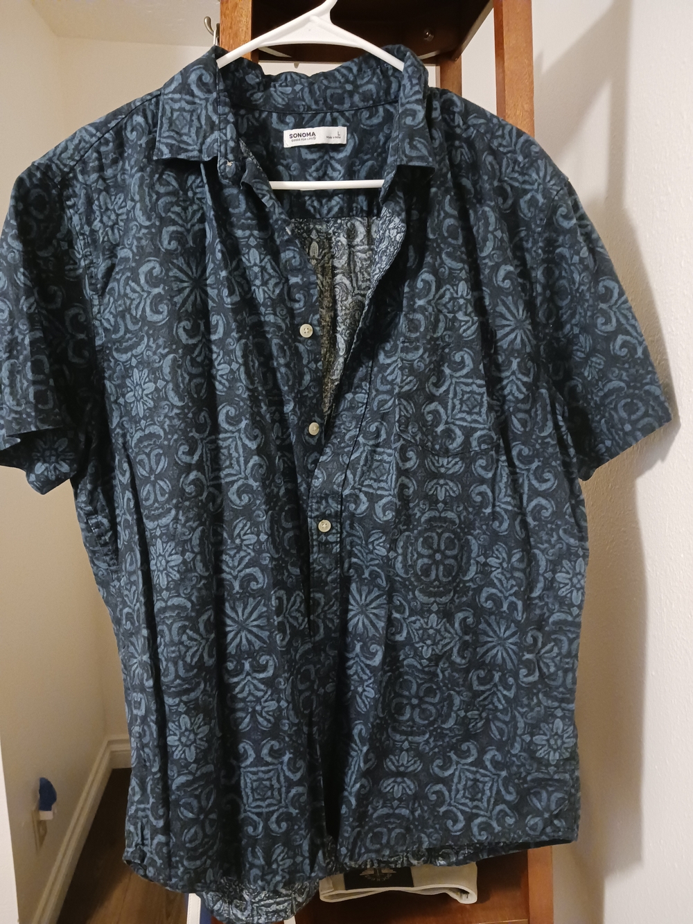 Men's Sonoma Navy Blue Patterned Short-Sleeve Button-Up Shirt